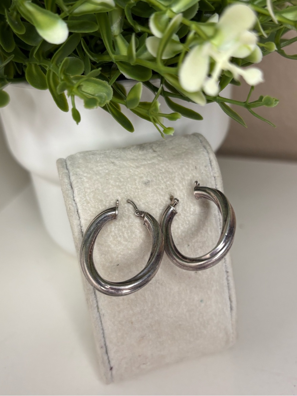 Vintage Silver Twisted Hoop Earrings Chunky Oval High Polish Statement